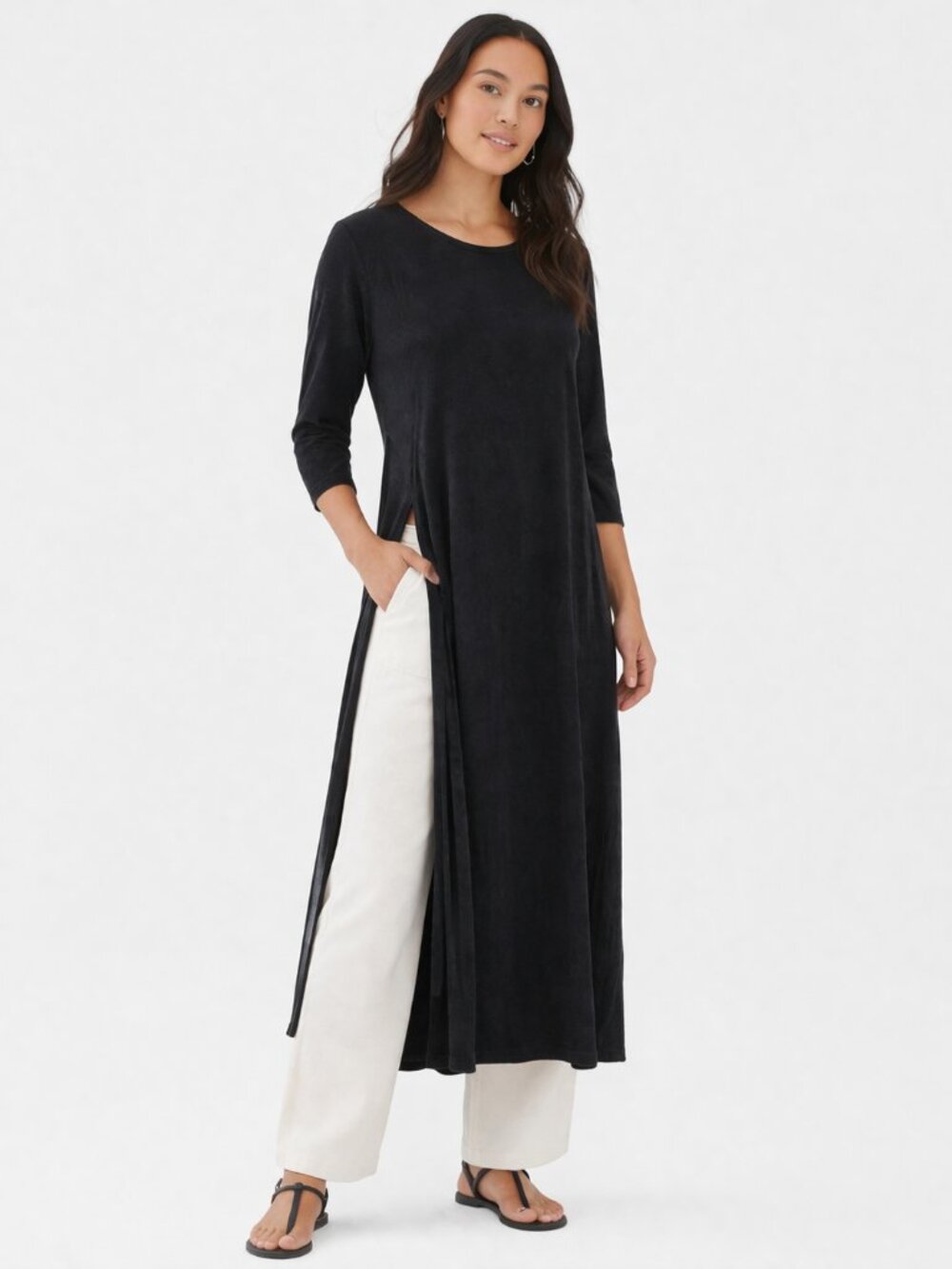 J Jill Maxi Dress Women S Petite Black Slinky Side Slit 3/4 Sleeve Travel Luxury